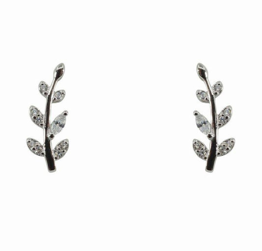 Silver Clear CZ Leaf Stud Earrings