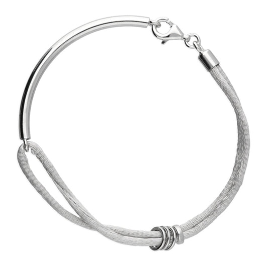 Sterling silver bracelet Bar with grey ribbon