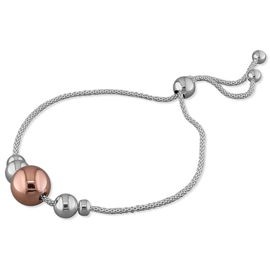 Two tone silver and rose gold plated bead slider