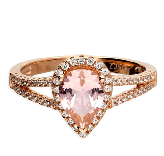 Teardrop morganite and cubic zirconia halo with split shoulder